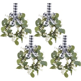BFYDOAA 4 Piece Faux Kitchen Cabinet Wreaths Small Christmas Green Eucalyptus Wreath with Plaid Ribbon Bow, Holiday Kitchen Cabinet Door Hanging Decor