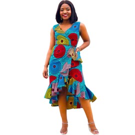 SHENBOLEN Women African Ankara Batik Print Traditional Clothing Casual Party Dress (Small, Dark Blue)