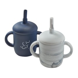 PAPU BABY Set de 2 Vasos Entrenador de silicón con popote y asas. Juego de tazas de bebe. Alimentación complementaria. SIlicón 100 grado alimenticio (Lila/Naranja)