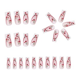 Long Press on Nails Square Fake Nails White French Tip False Nails with Design Red Cherry Glue on Nails Christmas Acrylic Nails Press ons Full Cover Rhinestones Stick on Nails for Women Manicure 24Pcs