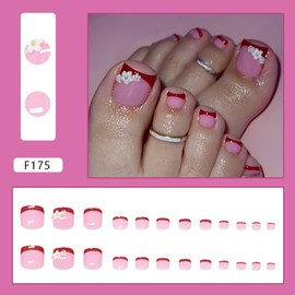 24Pcs 3D Red Press on Toenails Short Square Flower Fake Toenails with Floral Designs Summer Cute Stick on Toe Nails Press ons Full Cover Acrylic Glue on Toenail for Women Toenail Supplies Kit