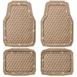 CAR PASS Bling Diamond Rubber Car Mats, Heavy Duty Deep Dish All-Weather Floor Mat Full Set Anti-Slip 3D Rhombus Waterproof Trim Fit Liner Universal Glitter Sparkly Shining Rhinestone, Beige Rubber