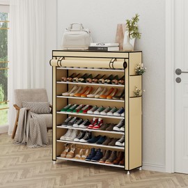 Calmootey 7 Tier Shoe Rack Organizer to Hold 35 Pairs, Portable Shoe Shelf with Nonwoven Fabric Cover for Closet Hallway, Bedroom, Entryway, Beige