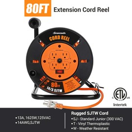 DEWENWILS Retractable Extension Cord Reel, 80FT Heavy Duty Open Cord Reel for Indoor Outdoor, 14/3 AWG SJTW, 4 Grounded Outlets, 13 Amp Circuit Breaker,Handle Rewind, Metal Stand, ETL Listed