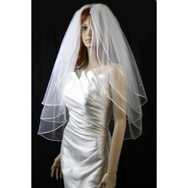 Bridal Veil Ivory 3 Tiers Fingertip Length Satin Cord Edge Scattered Rhinestones