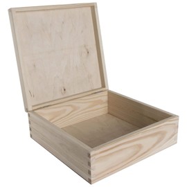 Square Wooden Box with Hinged Lid | 22.5 x 22.5 x 8 cm | Trinket Memory Keepsake Storage | Unpainted & Untreated Plain Decorative Pine for Craft Decoupage