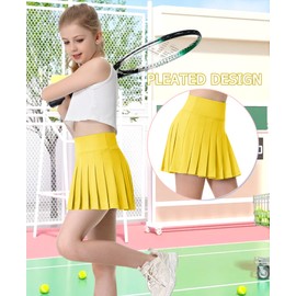 QooNoo Girls Skorts Pleated Tennis Skirts for Girls Athletic Toddler High Waist Activewear Flowy Kids Golf Cheer Skirts with Pockets(Yellow,Medium)