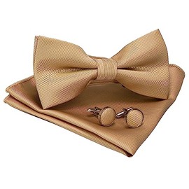JEMYGINS Men's Plain Bow Tie and Pocket Square with Cufflinks, champagne gold 2