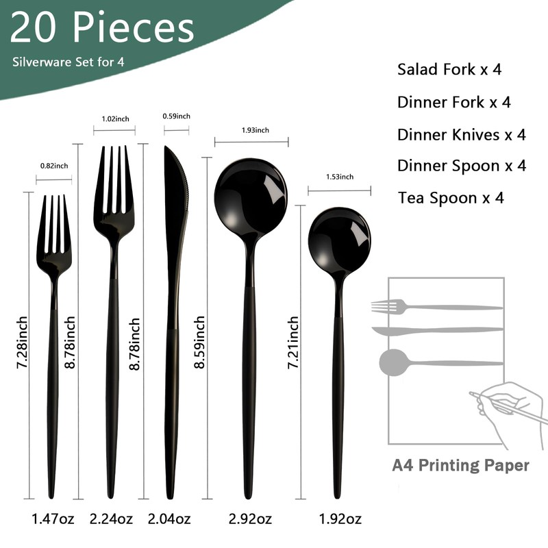 Culterman Modern Black silverware Set,Premium 18/10 Stainless Steel,Heavy duty,Sturdy,Sharp Practical