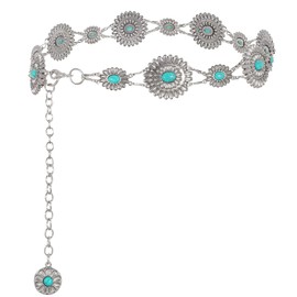 WHIPPY Women Boho Chain Belts for Jeans Dresses Western Silver/Gold Concho Waist Chain Links Belt for Women Adjustable Metal Cowgirl Belt,Silver,Fit Waist upto 47inches