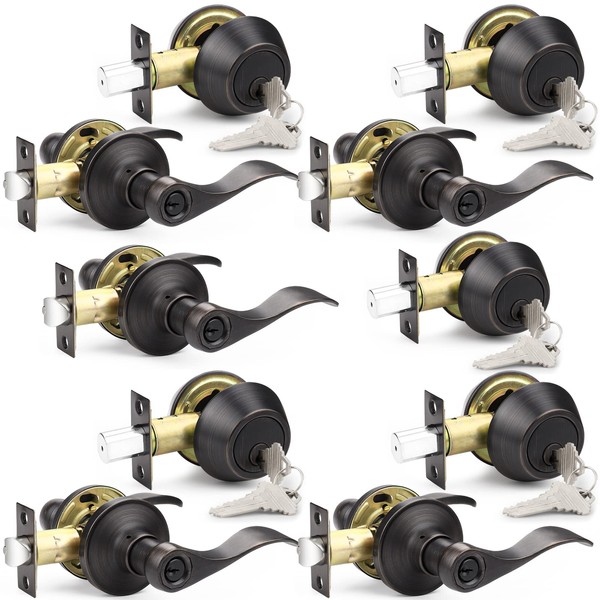 Probrico Front Door Handle with Double Cylinder Deadbolt Set, Oil