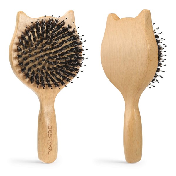 Bestool Small Travel Hair Brush for Women, Men or Children, Wooden Toddler Wild Boar Bristle Brush with Nylon Pins for Detangling, Oil Distribution (Natural)