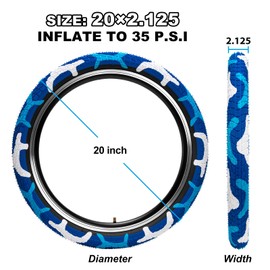 Bike Tires 20x2.125 2-Pack with Tubes & Levers - Compatible with Kids Bike, BMX, MTB, Mountain Bicycle - Camo Blue Design, Thick Rubber, Puncture Resistant, Replacement Tires & Inner Tubes