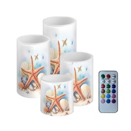 NETILGEN Flameless LED Battery Candles Pack of 4 Waterproof Pillar Candles Tealights with 18-Key Timer Remote Colorful Lights for Outdoor Beach Coastal Home Decor, Starfish Seashell Retro