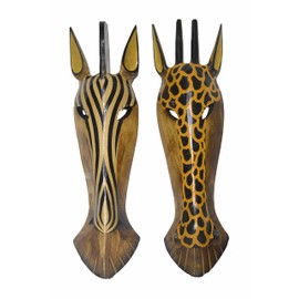 WorldBazzar 20" Pair of Giraffe and Zebra Hand Carved Tribal Head Masks - Wall Art - Animal Head Masks - Unframed - Unisex - Living Room & Bedroom Decor