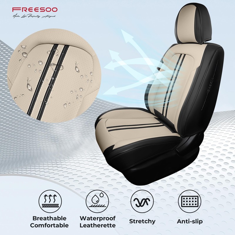 FREESOO Front Seats 2PCS Leather Car Seat Covers, Ultra Breathable