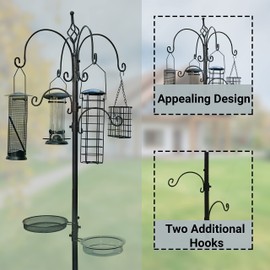 BTEXPERT 6-Hook Bird Bath Feeding Station Kit, 4 Wild Bird Multi Feeders Pole Steel Hanging Stand Planter Suet Wire Peanut Tube Feeder Attract Birds 22" Wide x 96" Tall Mesh Tray 5-Prong Base Bronze