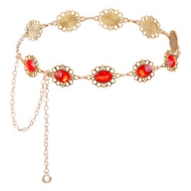 Topbuti Women Metal Western Waist Chain Belt Red Gems Diamond Country Link Chain Belt for Dresses Jeans