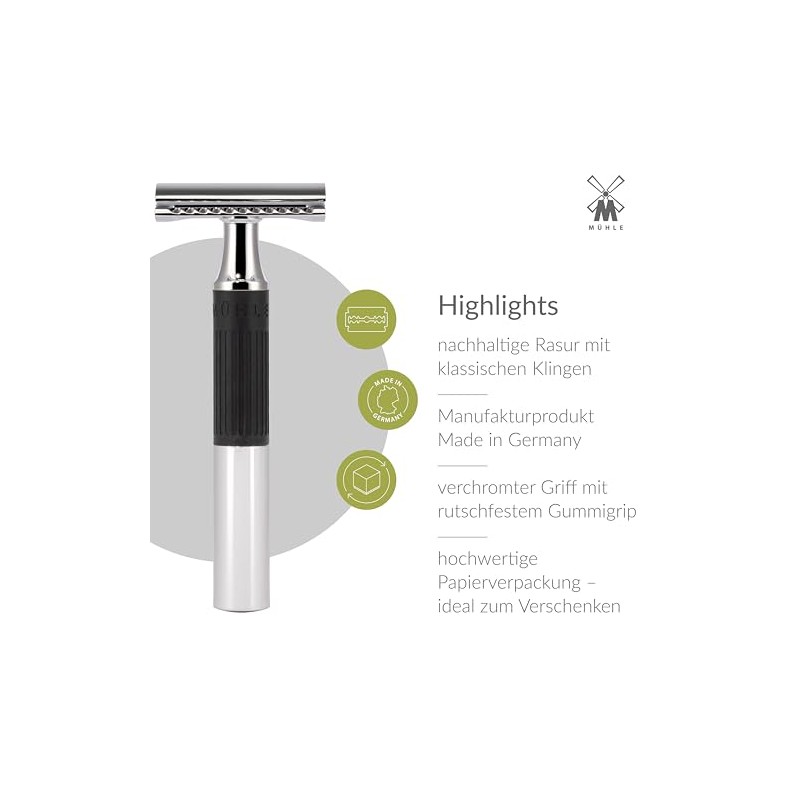 MÜHLE NEO Safety Razor, Rubber Grip Handle in black, Closed