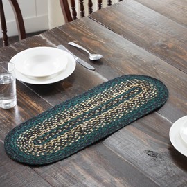 VHC Brands Pine Grove, Braided Jute Table Runner, Oval, Green, 8x25