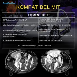 AutoBeeDen Fog Light for Volkswagen Tiguan Beetle Caddy 3 Eos Golf 6 / Cabriolet / Plus Jetta 4 Touran Up (VW 5N 5C1 5C7 2K 1F7 5K1 AJ5 517 5M1 521 162 1T3), Seat Alhambra 710 (Clear Right)