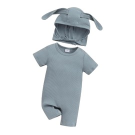 Ursobutegl Newborn Baby Boy Girl Romper Easter Outfits Bunny Ear Hoodie Button onesie Bodysuits Jumpsuit Overall Rabbit Hat (Blue Bunny Jumpsuit, 6-9 Months)