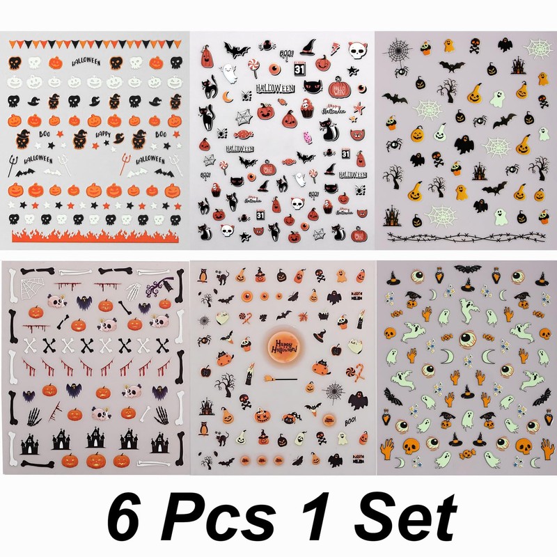 6 Pcs Halloween Nail Art Stickers Pumpkin Ghosts Bat Spider