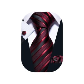 Barry.Wang Plaid Ties Check Mens Necktie Set with Handkerchief Cufflinks Classic Stripe Black and Red
