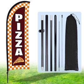 Hahafelt Pizza Feather Flag Banner for Business Advertising 7 x 5.4 ft Pizza Advertising Flag Sign with Flagpole Ground Stake Portable Bag Barbecue Signs Banner Set for Outdoor Ground (Brown)