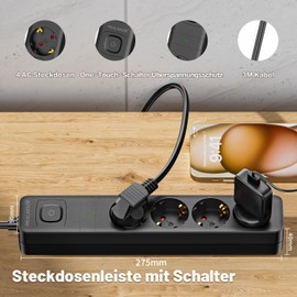 realmade RealMade 4 Fach Steckdosenleiste 1berspannungsschutz 1060J, 3M Flachstecker Mehrfachsteckdose, 3680W Verteilersteckdose mit Kindersicherung und Wandmontage Schwarz