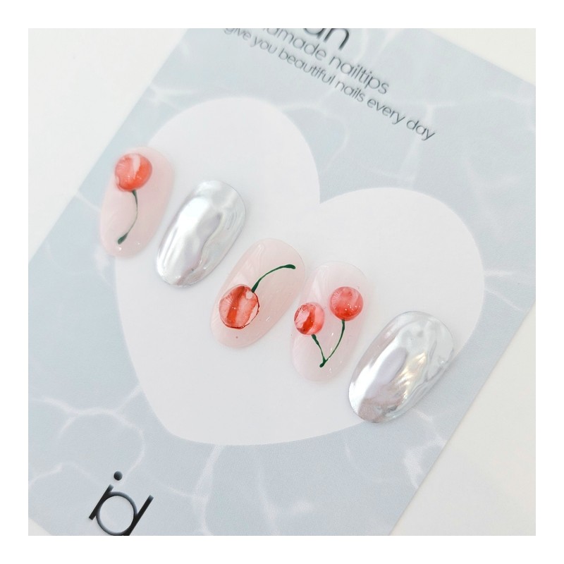 cherry Handmade nail tip water ink cherry nail - Coffin