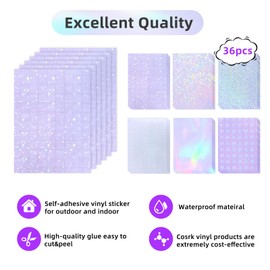 36 Sheets Holographic Laminate Sheets Transparent Holographic Sticker Paper Self Adhesive laminating sheets Clear Vinyl Waterproof Holographic Overlay for Sticker Pape, 8.5x11 inch 6 Patterns