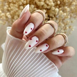 Valentines Day Press on Nails Mediun Almond Glue on Nails White Full Cover Nails Press ons Red Heart Acrylic Nails Glossy Simple Stick on Nails for Women 24 Pcs