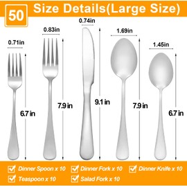 Lazycorner 50 Pcs Silverware Set for 10, Food Grade Stainless Steel Flatware Set Include Fork/Knife/Spoon, Mirror Polished Eating Utensils Sets, Durable Silverwear Cutlery Set, Dishwasher Safe