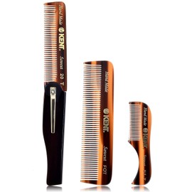 Kent Set of 3-81T Beard and Mustache Comb, FOT Pocket Comb, and 20T Folding Pocket Comb with Clip - Best Beard Care Kit, Travel and Home, Beard Straightener for Men and Beard Grooming Kit