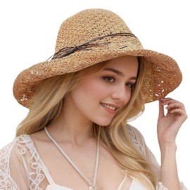 Sun Straw Hats for Women Foldable Floppy Beach Summer Hats Oversized Weave Wide Brim Bowknot Lace for Ladies Brown