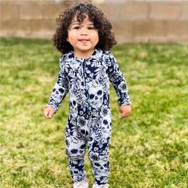 Bums & Roses Bamboo Baby Romper | Soft Spandex and Viscose from Bamboo | Two-way Zipper for Easy Change | Skeletons in the Closet, 9-12M