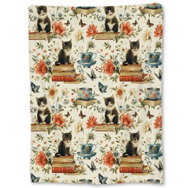 Ti Caldi Vintage Cat & Books Blanket, Soft Lightweight Flannel Throw for Couch, Bed, Travel, Living Room & Home Decor, Cozy Warm Fuzzy Blankets for Adults Women Men 60×50 in