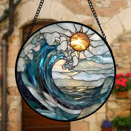 DASTOLL Stained Glass Window Hanging, Blue and White Waves Suncatcher Diamond Glass Panel Landscape Sun Catchers Decor for Birthday for Women, Men, Wife, Aunt, and Mom 11.8x11.8 in