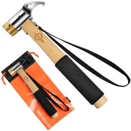 JKAYRKC Peg Hammer, Forged Tent Hammer, Brass Head, Camp Hammer, Anti-Slip, Natural Aooka Wood Handle, Safety Belt with Storage Bag, Peg Removal, Tent Tarp, Setup, Outdoors, Camping, Mountain Climbing