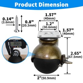 MySit Plate Brass TPR Ball Casters with Brake Heavy Duty Vintage Antique Furniture Swivel Caster 2 Inch for Furniture Legs, Cabinet, Sofa 4 Pack
