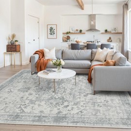 Rugxara 5X7 Washable Area Rug for Living Room, Neutral Vintage Large Boho Rugs for Office, Dining Room, Kids Room, Farmhouse, Durable Low Pile Non Slip Carpet for High Traffic Areas, Light Grey