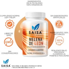 SAISA HERBAL Melena de León,120 Cápsulas | Memoria, Concentración, Bienestar Cognitivo | Suplemento Natural Calidad Premium