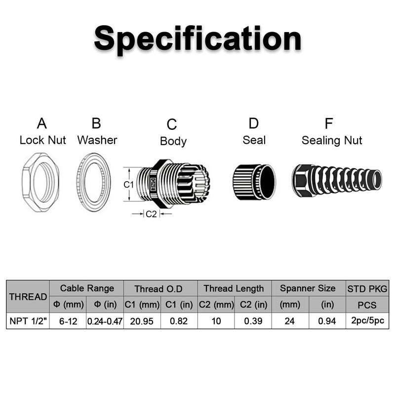 LeMotech 20Pcs NPT 1/2" IP68 Waterproof Cable Gland Flex Spiral