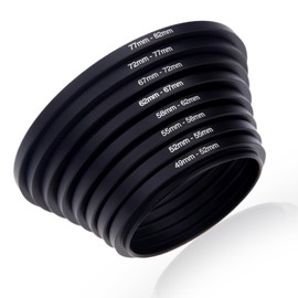 Set of 8 Step-Up Rings for Photo Filter Adapters: Diameter from 49mm to 82mm, Sizes: 49-52, 52-55, 55-58, 58-62, 62-67, 67-72, 72-77, 77-82mm, for maximum compatibility and versatility