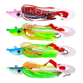 LiFschal 4 - Piece Set of Luminous Lead Head Jigs - Ideal for Sea Fishing, with Colorful Soft Squid Skirts & Grub Tails,2.12oz (60g)