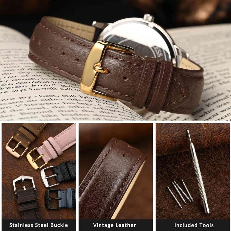 WOCCI 17mm Vintage Leather Watch Strap with Gold Buckle, Replacement
