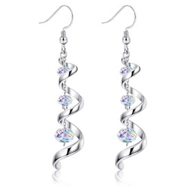 Zeayebsr 1 Pair of Crystal Earrings, Long Drop Earrings for Women, 925 Sterling Silver Fishing Hook Earrings, Hanging, Spiral Band, Multi Drops, Glittering Crystal Drop Earrings, Jewellery Gifts