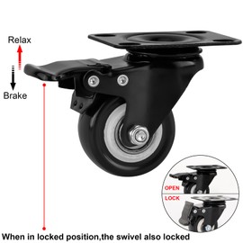 Caster Wheels, Heavy Duty Casters Set of 4 with Brake, No Noise Polyurethane (PU) Wheels and Safety Dual Locking casters, Swivel Plate Castors (1.5inch, 4)