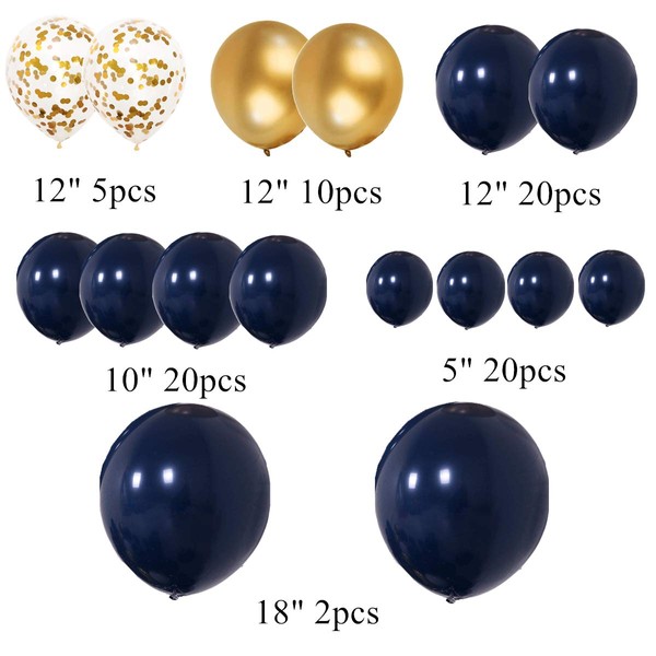 Navy Blue Gold 77pcs Balloons Confetti Balloon Pack for Boy Girl Birthday Wedding Bridal Baby Shower Party Decoration Supply - 18" 12" 10" 5" Latex Balloons, Balloon Chain